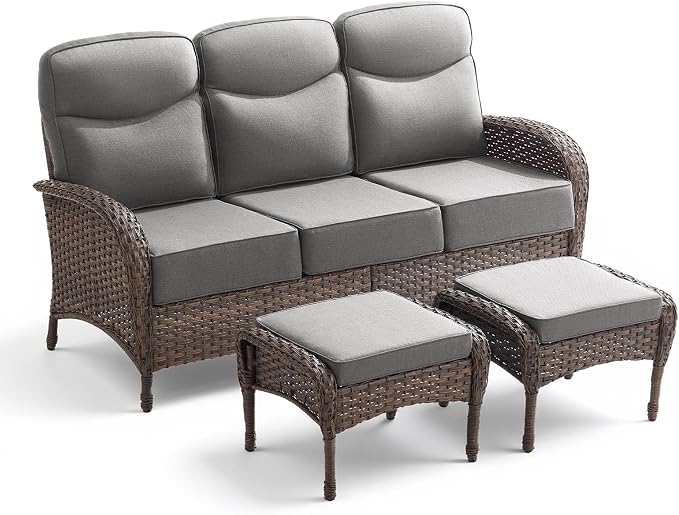 3 Pieces Luxury Patio Furniture Sofa Set with 6-Inch Thick Cushions, Outdoor Wicker Patio Furniture Covered Couch with Multifunctional Ottoman, Patio Conversation Set for Porch Garden, Grey