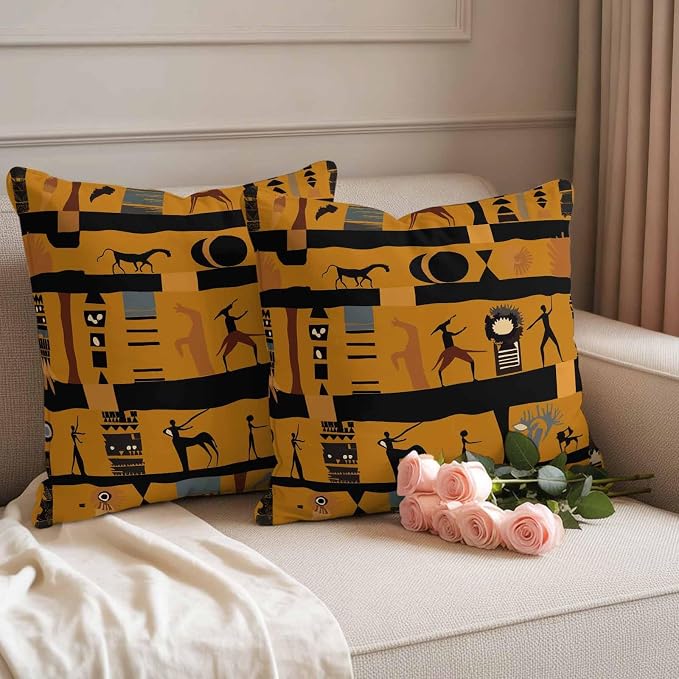 Yukro Ethnic African Outdoor Waterproof Pillow Covers Pack of 2, Abstract Exotic Ethnic Black African Decorative Throw Pillowcases Cushion Covers for Garden Patio Tent Sofa Couch, 16x16 inch