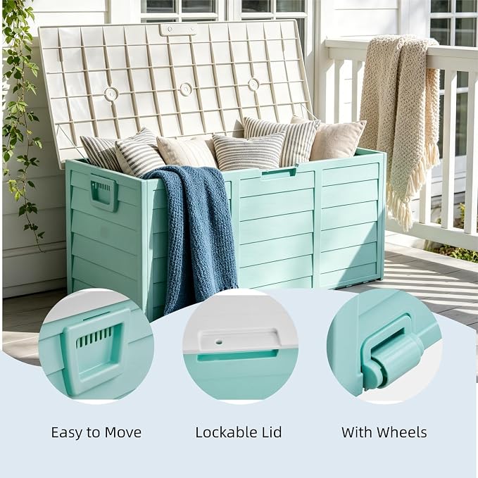 75 Gallon Waterproof Outdoor Deck Box with Wheels, Lockable Resin Patio Storage Container for Cushions, Garden Tools, Pool Accessories and Outdoor Supplies, Green White