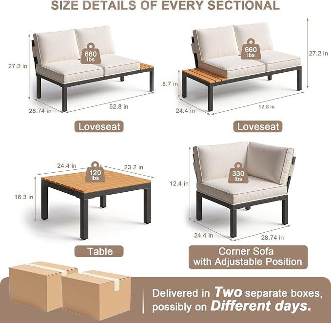5-Person Outdoor Patio Furniture Set, Durable Metal Frame Outdoor Sectional with Wood-Look Table & Waterproof Cushions, All-Weather Conversation Set for Garden, Balcony, Poolside-Beige