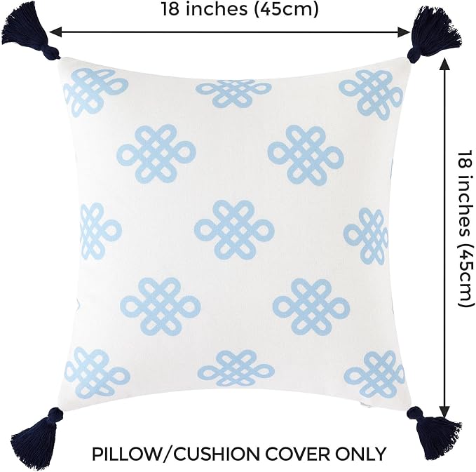 Hofdeco Premium Coastal Patio Indoor Outdoor Lumbar Pillow Cover ONLY for Backyard, Couch, Sofa, Baby Blue Greek Key Knot Tassel, 18"x18"