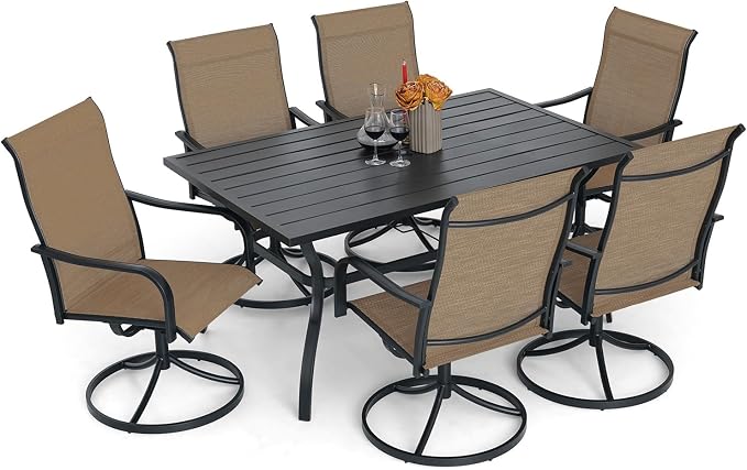 Anmutig 7-Piece Outdoor Patio Dining Set for 6 Patio Dining Swivel Chairs Textilene & 1 Rectangle Outdoor Dining Table with 1.57" Umbrella Hole for Backyard Bistro Garden Brown