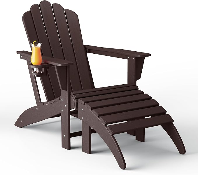Costaelm Lakeview 2-Piece Outdoor Patio HDPE Adirondack Chair with Ottoman and Cup Holder Set, Dark Brown