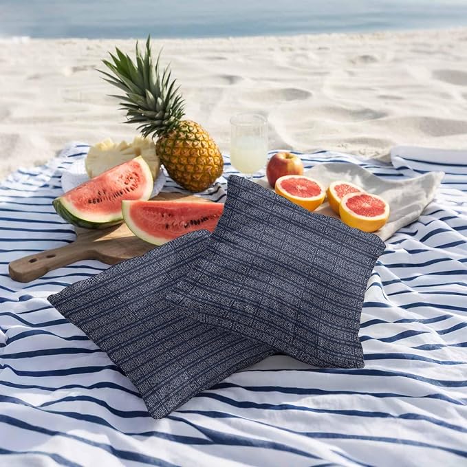 Outdoor Waterproof Throw Pillow Covers Set of 2 Navy Blue Stripes Grain Pillowcases 16x16 Inches Solid Color Decorative Pillows Cushion Case Patio Pillows for Couch Bed Chair Garden
