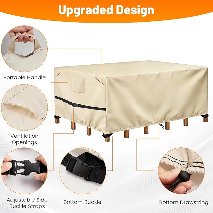 POMER Rectangular Patio Furniture Covers-Outdoor Furniture Covers Waterproof,600D Table and Chairs Cover for All-Weather Protection 108L X 82W X 28H Inch Beige