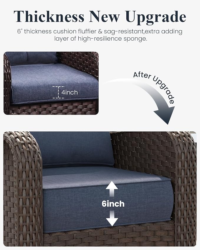 LayinSun 7 Piece Wicker Outdoor Furniture Set with 6-inch Comfy Cushions, High Back Patio Furniture Set with Swivel Rocking Chairs and Side Table