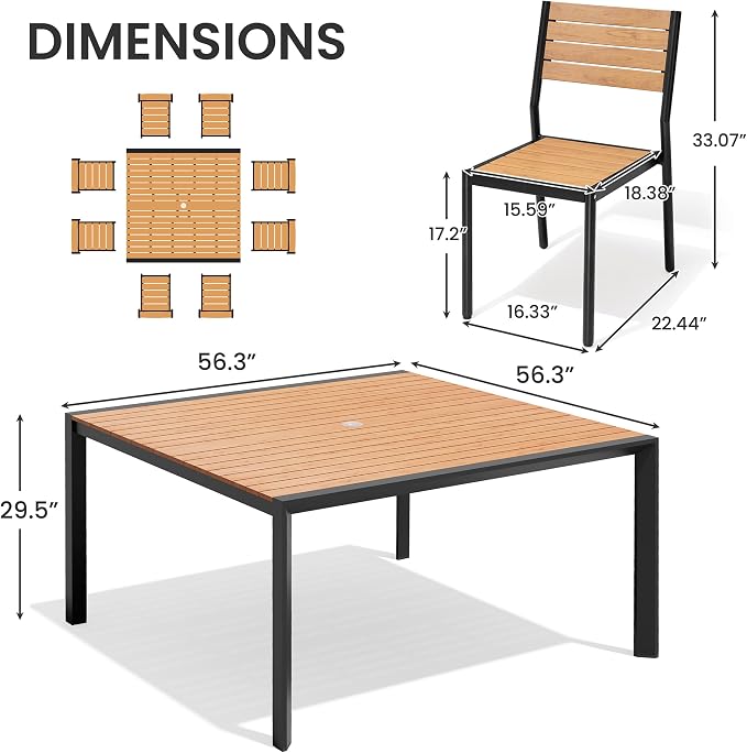 9-Piece Square Outdoor Dining Set, 56" Patio Table and Stackable Chairs | Aluminum Frame Adjustable Umbrella Hole All-Weather Wood Grain Tabletop for Garden, Deck, Backyard, Brown