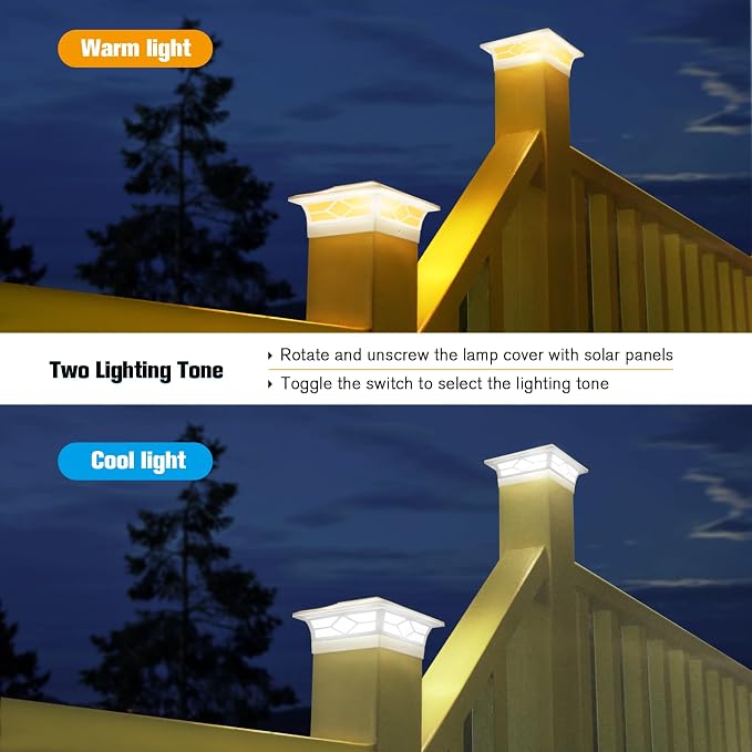 JOFIOS Solar Fence Post Lights 4pack, Cap Lights for 4x4/5x5 Vinyl Fence and 4x4/6x6 Wooden Post, Warm White/Cool White Lighting, White Solar Cap Outdoor Waterproof Decorate Garden Pathway Dcek Patio