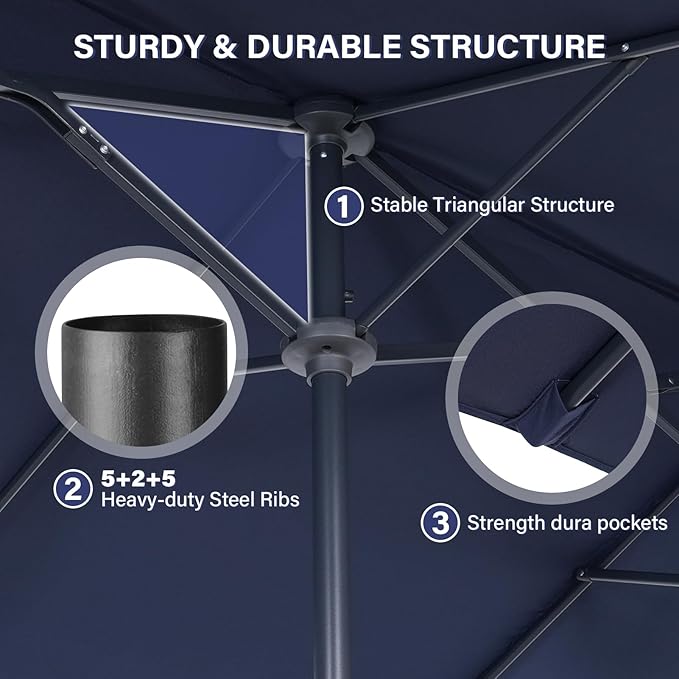 13 ft Patio Umbrella with Base, Large Rectangle Outdoor Umbrella with Matching Stand, Strap, Crank, Navy Blue