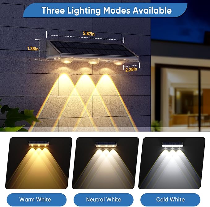 YiLaie Solar Fence Lights Outdoor 3000K/4500K/6500K 3 Mode, IP67 Waterproof Fence Solar Lights Outdoor,2000mAh Solar Powered Fence Light for Outside Backyard/Step/Patio/Deck/Stair Railings 8Pack