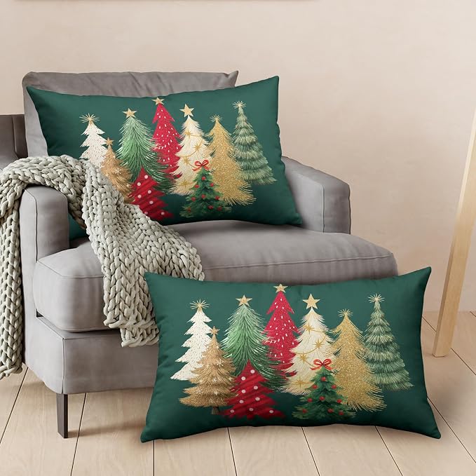 Green Christmas Lumbar Pillow Covers Christmas Tree Throw Pillow Case 12x20 Set of 2 Winter Xmas Rectangular Pillowcase Holiday Cushion Case for Living Room Bedroom Couch Sofa