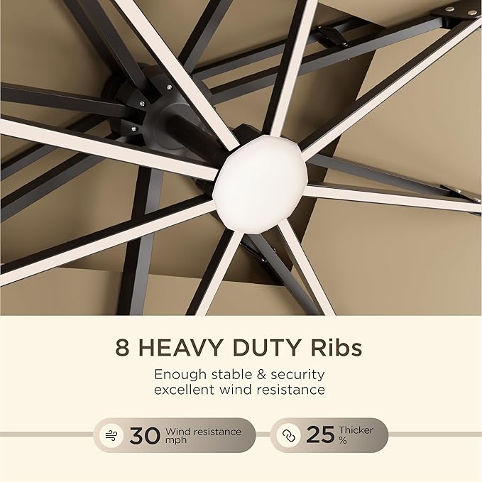10' X 13' Patio Umbrella with Weighted Base and LED Lights Outdoor Cantilever Large Rectangle Offset Umbrellas Heavy Duty Aluminum Double Top with 360-degree Rotation for Pool Garden Deck, Beige