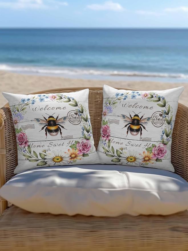 Outdoor Waterproof Throw Pillows Rustic Bee Flower Wreath Patio Pillows Pack of 2,Decorative Pillow Covers with Insert,Pillow Cushion Case for Garden Couch Sofa Farmhouse White Wood Board