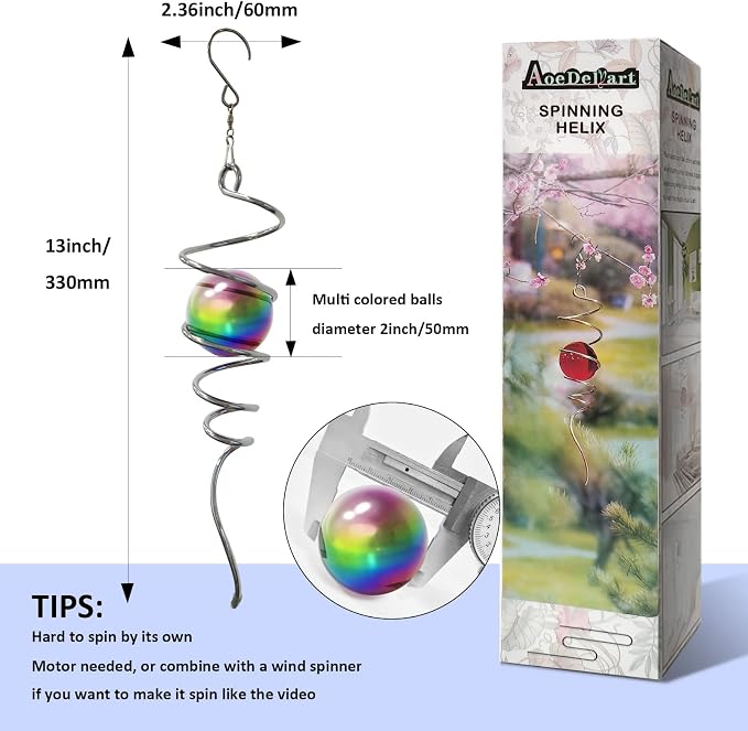 Aoedelyart Multi Color Wind Spinner Tail Gazing Ball Spiral Decorative Wind Spinners Sun Catcher Visual Illusion Wind Spinner Stabilizer Indoor Outdoor Garden Decoration,Garden Gift-13in Height
