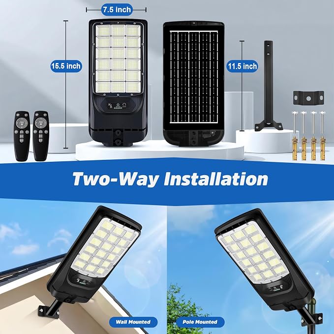 Solar Street Lights Outdoor, 21000LM 6500K Motion Sensor Solar Lights Waterproof, Dusk to Dawn Solar-Powered Flood Lights with Remote, Commercial Area Lighting for Parking Lot Driveway Garage, 2-Pack