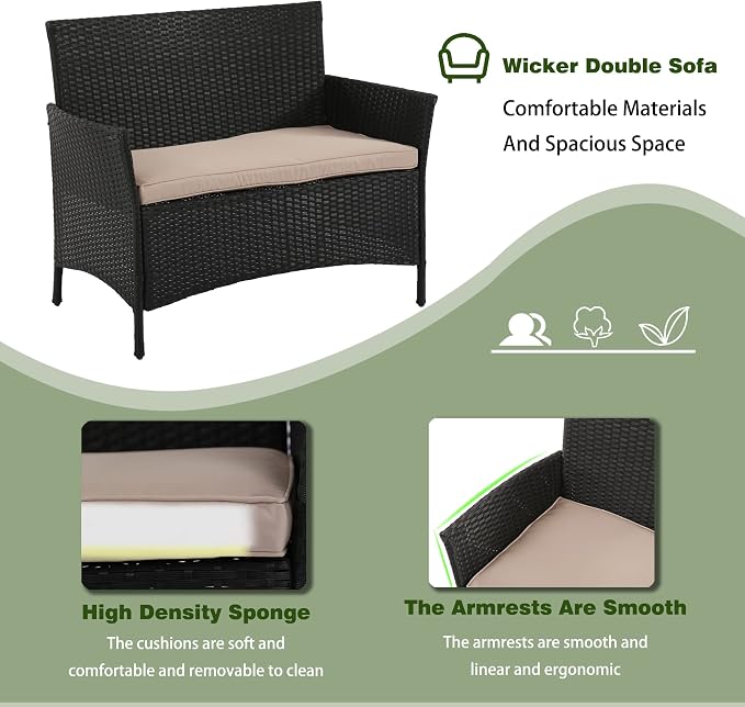 PayLessHere 4 Pieces Patio Furniture Set Rattan Outside Furniture Wicker Sofa Garden Conversation Sets with Soft Cushion and Glass Table for Yard Pool or Backyard,Black