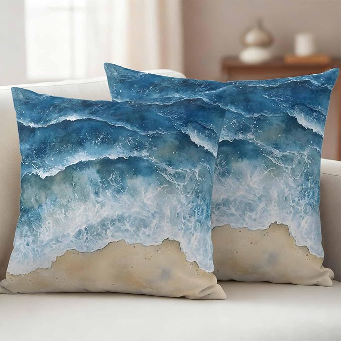 Abstract Waves Outdoor Waterproof Throw Pillow Covers Set of 2, 24"x24", Blue Ocean Spray Beach Watercolor Decorative Pillow Covers Outside Cushion Case for Patio Porch Garden