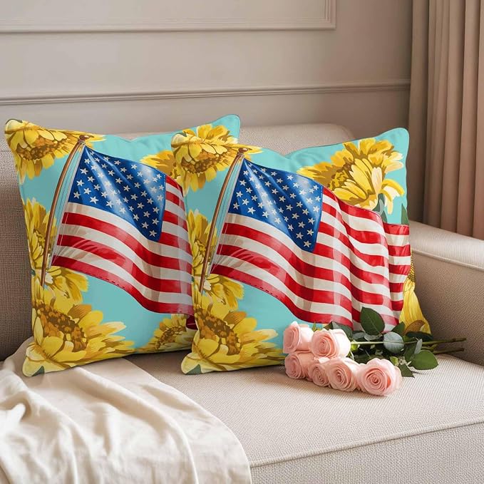 4th of July Outdoor Pillow Covers Waterproof, All Weather Cushion Case Set of 2, Watercolor Sunflowers American Flag Teal Decorative Pillowcases for Sofa Couch Bed Decor Patio Furniture 18"x18"