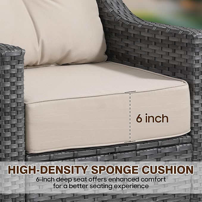 5 Piece Patio Furniture Set With Fire Pit Table, 360°Swivel Glider Patio Chairs Set of 2,Cozy 60,000 BTU Rectangular Fire Pit Table,2 Sofas, All-Weather Wicker Patio Set With 6 Inch Cushion for Porch