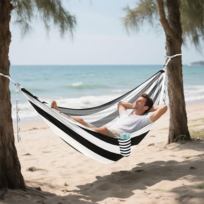 Black White Stripes Camping Hammock, Portable Lightweight Single Hammock with Tree Straps and Aluminum Carabiners, 114" x 54" Travel Hammock for Hiking Backpacking Beach