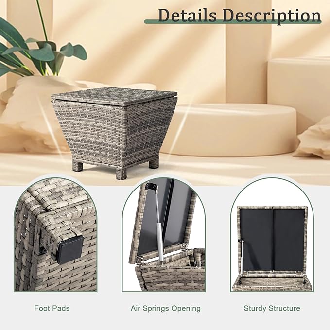 VINGLI 13 Gallon Outdoor Deck Box, Wicker Outdoor Storage Box with Lid, Small Storage Bin Container for Outside and Patio, Patio Rattan Side Table for Yard Porch (Grey, Trapezoidal)