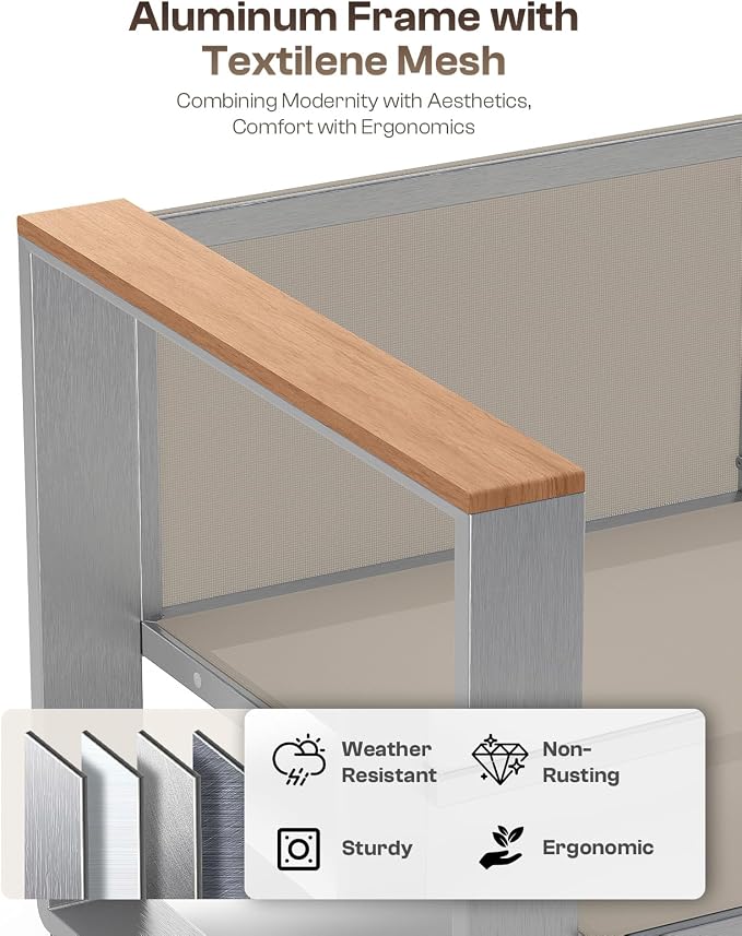 Outdoor Patio Furniture Set, 4 Piece Aluminum Patio Furniture Set with Wide Seat and Thick Cushions, Modern Outdoor Patio Conversation Sets for Deck, Porch (Teak-Gray)