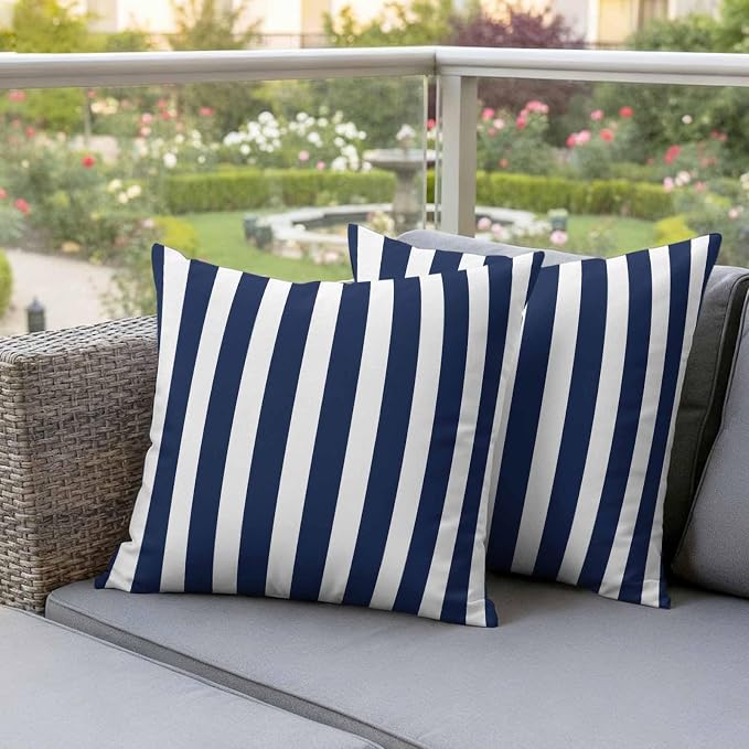 Navy Blue Striped Outdoor Waterproof Throw Pillow Covers 20x20 Set of 2, Modern Farmhouse Blue White Stripes Decorative Pillowcases Cushion Pillowcase for Couch Sofa Patio Outside Pillow Protector