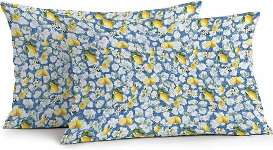 Yukro Summer Lemon Outdoor Waterproof Pillow Covers Pack of 2, Yellow Fruit White Flowers Country Plant Blue Throw Pillowcases Decorative Cushion Covers for Garden Patio Tent Sofa Couch, 20x12 inch