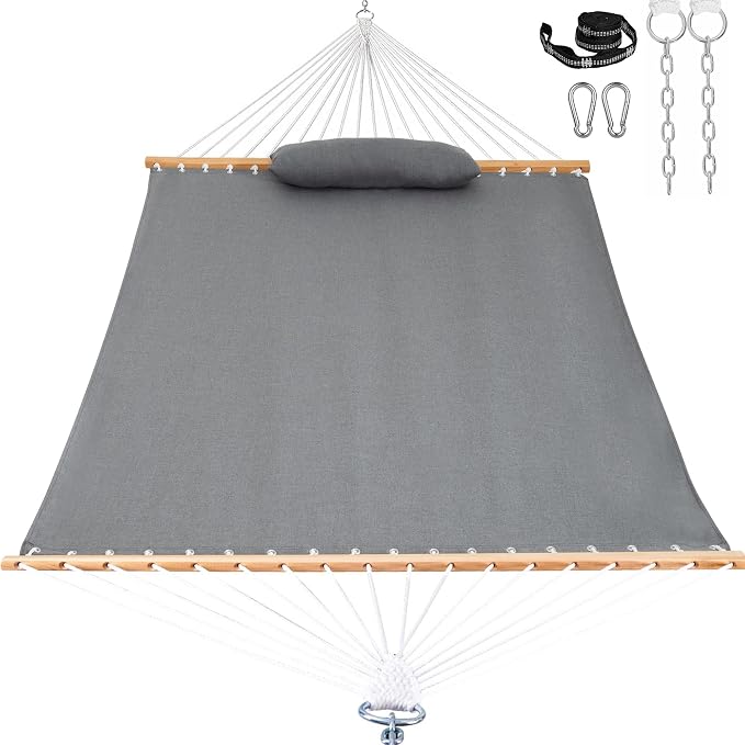 Lazy Daze Hammocks 12 FT Sunbrella Fabric Hammock Non-Fading with Spreader Bars and Free Pillow Fits for 2 Persons, All Weather and Fade Resistant for Patio Yard, 450 lbs Capacity, Cast Slate