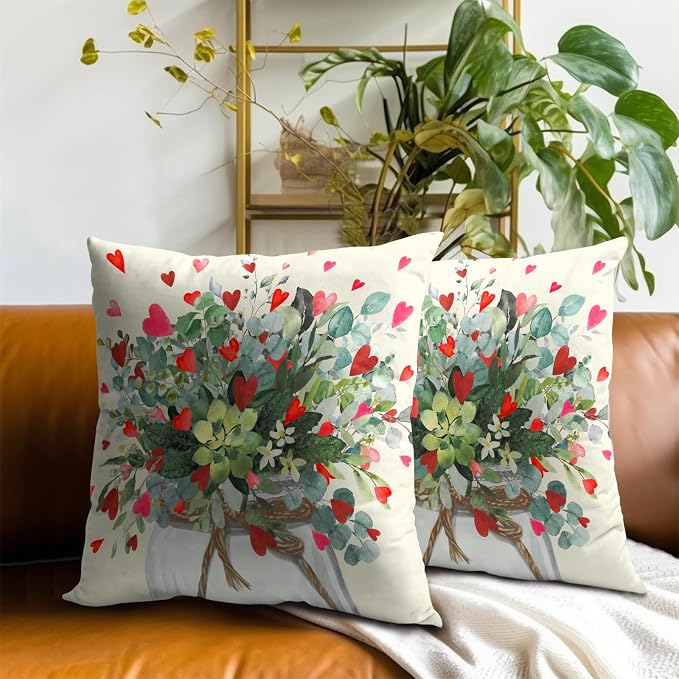 Eucalyptus Love Hearts Pillow Covers 18x18 Set of 2, Vintage Leaves Valentine's Day Decorative Pillow Cases Square Cushion Cover for Couch Bed Sofa Anniversary Wedding Home Decor