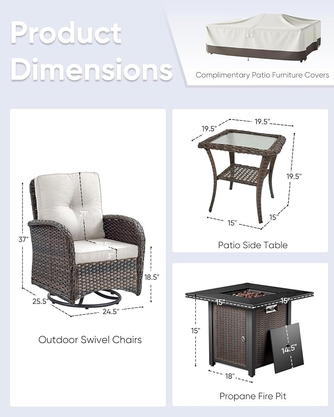 7 Pieces Patio Furniture with Fire Pit-High Back Swivel Patio Chairs Set of 4 with Outdoor Side Table Outdoor Patio Furniture Set for Deck Porch Garden Balcony Poolside-Brown/Beige