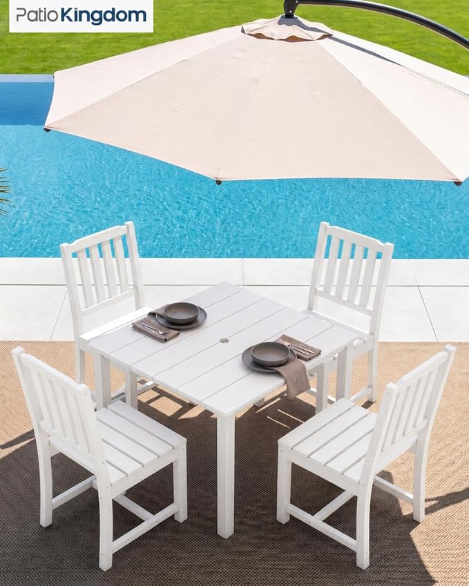 HDPE Outdoor Dining Set for 4, Square Table and Chairs, White | All-Weather HDPE, Wood Grain Finish, 42.5" Square Table, Built-In Umbrella Hole, Seats 4, Patio & Poolside Ready