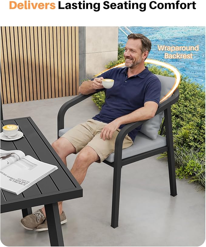 7-Piece Patio Dining Set, Never-Rust Aluminum Outdoor Dining Set for 6, Rectangular Outdoor Table and Chairs Set with Washable Cushions, Patio Furniture Set for Poolside, Lawn, Backyard, Black