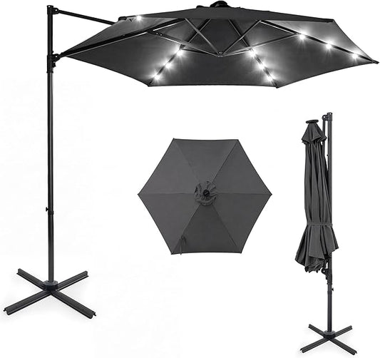 HAPPYGRILL 10 FT Patio Umbrella with Solar Lights, Outdoor Offset Cantilever Umbrella with White LED Lights, 360 Degree Rotation, Air Vent for Pool Deck Garden Backyard