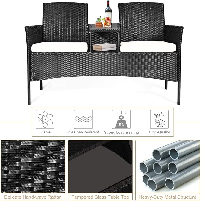 COSTWAY 2-Seat Patio Conversation Sets, Outdoor Patio Loveseat Set with Removable Cushions & Built-in Coffee Table for Backyard, Garden, Lawn, Balcony, Black+Beige