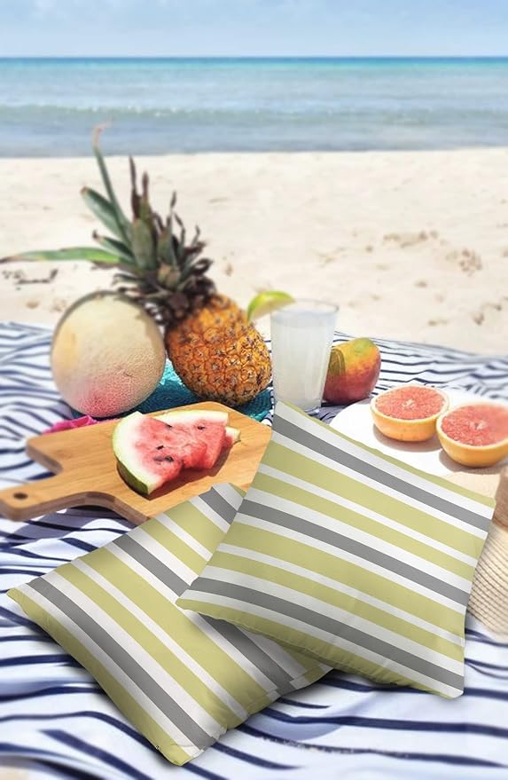 Outdoor Waterproof Pillow Covers for Patio Furniture Yellow Grey Stripes Decorative Throw Pillow Cover Farmhouse Stripe Gray Pillowcases Set of 2 Cushion Case for Sofa Couch Chair 24x24 in