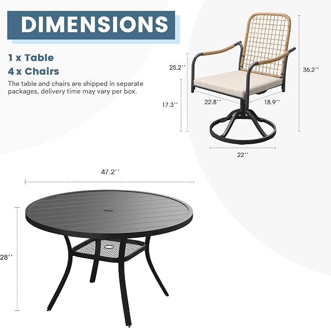 DIFY 5 Pieces Outdoor Dining Set for 4, 47.2" Round Dining Table with Umbrella Hole & Wicker Swivel Patio Chairs with Cushions, Metal Patio Table and Chairs Set for Backyard Porch Garden, Black