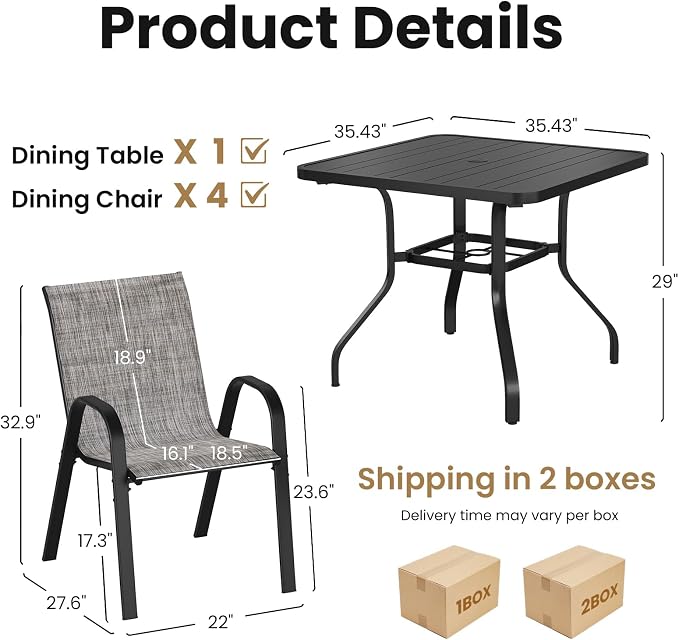 Soohow 5-Piece Outdoor Dining Set, Outdoor Patio Table and Chairs Set, 4 x Stackable Chairs & 1 x Outdoor Table with Umbrella Hole, All-Weather Patio Dining Sets for Poolside, Backyard and Porch