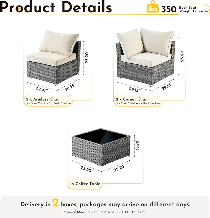 Weaxty 5 Pieces Patio Furniture Sets,Wicker Outdoor Sectional Sofa with Thicken Cushion and Rattan Coffee Table,Patio Conversation Couch Set for Porch, Balcony,Yard, Poolside,Beige
