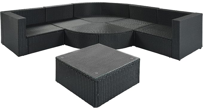Outdoor PE Rattan Wicker Sectional Sofa Set,All Weather Conversation Lounger Set with Striped Green Pillows and Cushions, Multifunctional Combination Adapt to Any Space Gray-7-piece