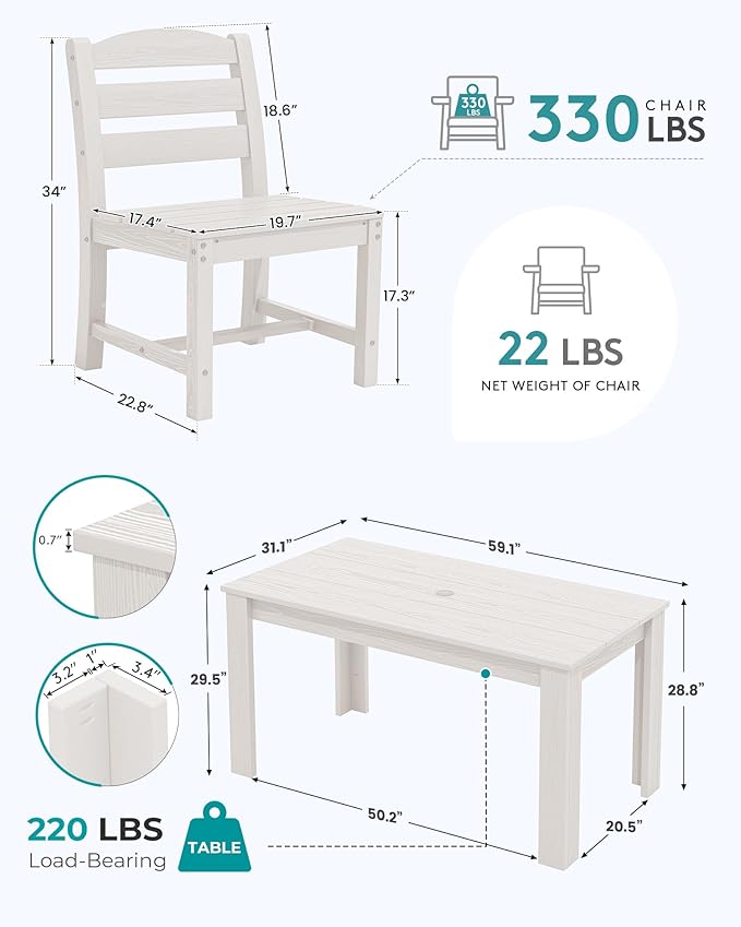SERWALL Outdoor Dining Sets for 4, HDPE Dining Sets for 4 Person with 1 Umbrella Hole Cut-Out Rectangular Table and 4 Armless Chairs, Patio Dining Sets for Garden, Backyard, Poolside, White