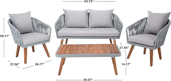 SAFAVIEH PAT7074A Outdoor Ransin Rope 4-Piece Seat Cushions and Pillows Included Patio Set