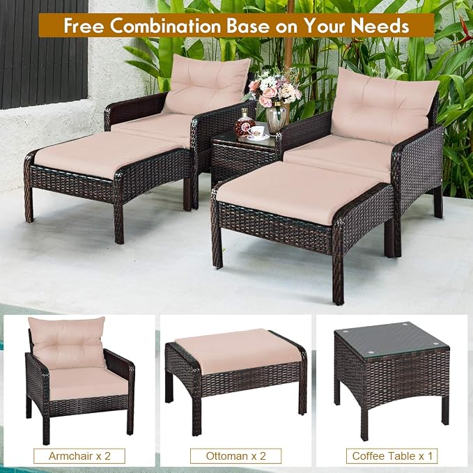 Tangkula 5 Pieces Wicker Patio Furniture Set, PE Rattan Outdoor All Weather Cushioned Sofas and Ottoman Set, 2-Person Outside Conversation Set for Lawn, Poolside, Yard, Balcony, Deck, Coffee