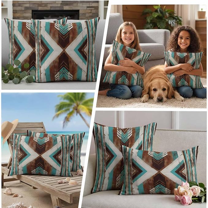 Aztec Southwestern Outdoor Pillow Covers 16"x16" Set of 2, Vintage Abstract Brown Turquoise Diamond Waterproof Throw Pillow Covers for Patio Furniture, Decorative Cushion Covers for Porch