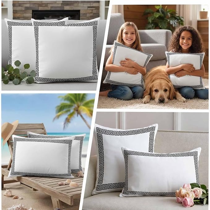 Outdoor Pillow Covers Set of 2, Abstract Inspired Greek Key Pattern Decorative Throw Pillow Covers 16X16IN, Geometric Twist Line on White Throw Pillows Protector Cushion Case for Patio,Couch,Sofa