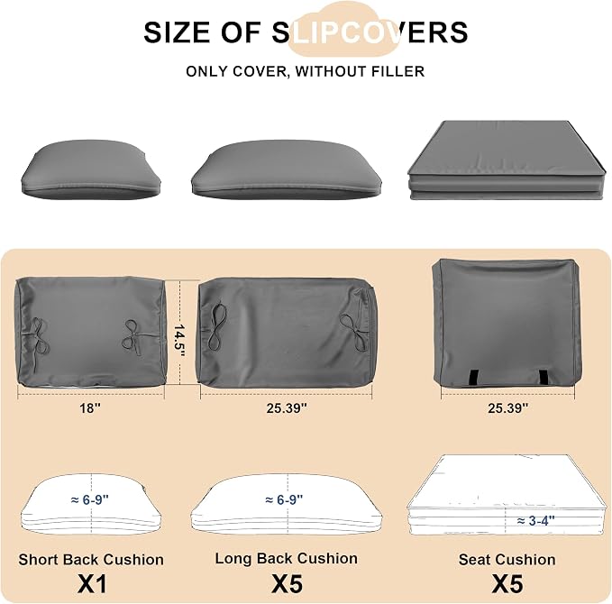 Kurapika Outdoor Cushion Slipcovers 11PCS Patio Set Cushion Covers Replacement for Outdoor Furniture Set, Outdoor Sofa Seat Cushion Cover and Backrest Pillow Covers (Grey)