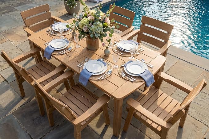 7-Piece Outdoor Dining Set, All-Weather HIPS Patio Table & Chairs for 6, Outdoor Furniture with Umbrella Hole, Ideal for Garden, Poolside, Backyard, Deck, Teak