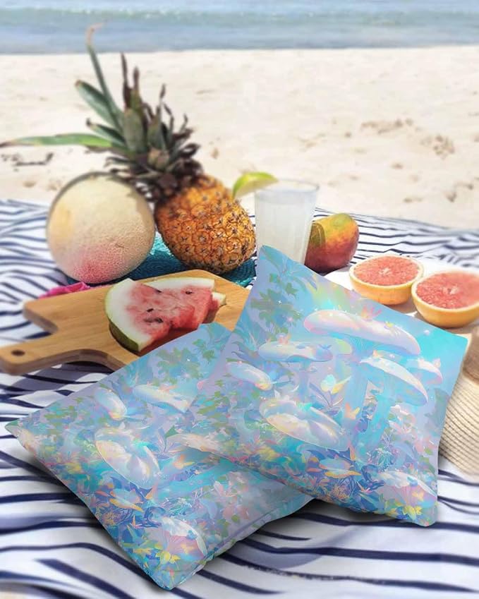 Outdoor Waterproof Throw Pillow Covers 24x24in, Abstract Rainbow Colors Cushions for Garden Patio Furniture Chairs Set of 2, Soft Butterfly Mushroom Home Decor Couch Sofa Polyester Pillow Cases