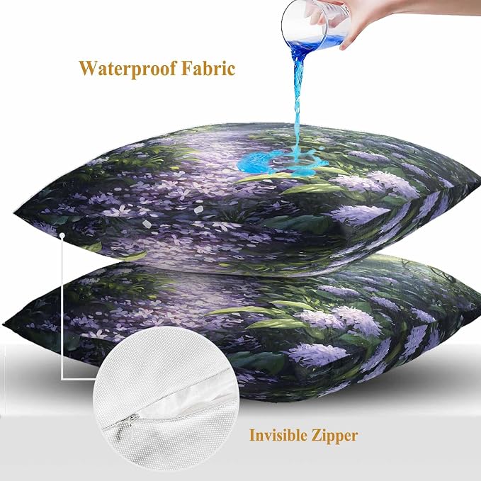 Purple Floral Outdoor Waterproof Throw Pillow Covers Set of 2, 24"x24", Spring Landscape Scenery Nature Decorative Pillow Covers Outside Cushion Case for Patio Porch Garden