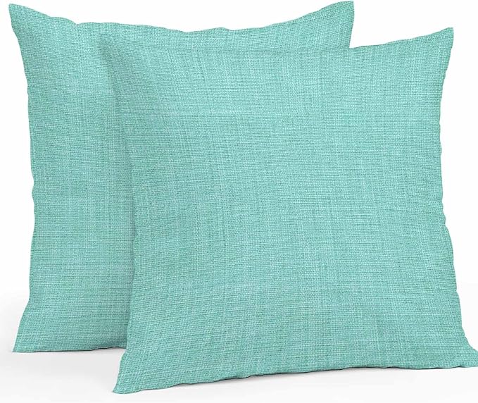 Pack of 2 Waterproof Outdoor Pillow Covers 16x16 Inch Decorative Pillow Covers Turquoise Burlap Texture Throw Pillowcases Farmhouse Vintage Aqua Outdoor Cushion Cover for Couch, Patio, Tent